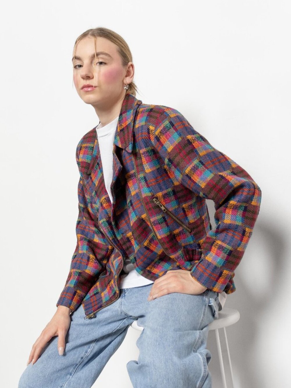 WOOL Plaid MOTORCYCLE JACKET Vintage Tweed Rainbow Woman 90's Oversize /